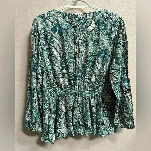Lane Bryant Long Sleeve Peasant Top Blouse w/ Cinched Waist | Blue & Gold | 14 - Picture 3 of 12